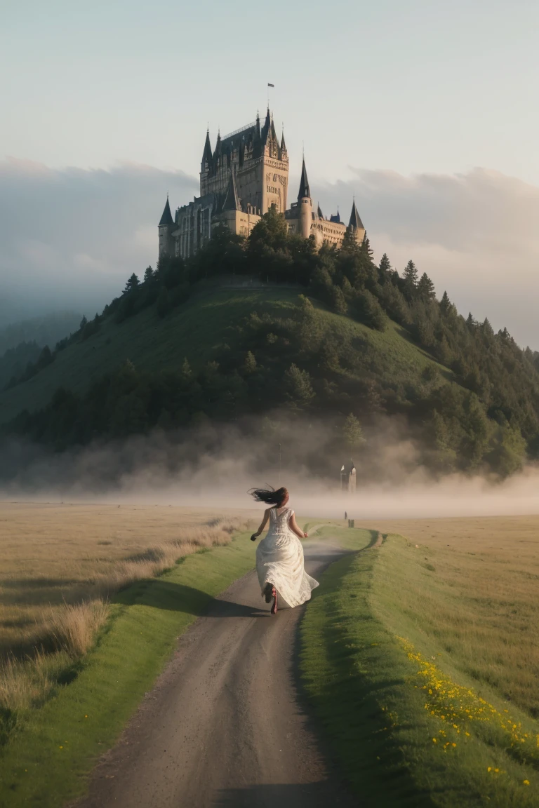 Mulher correndo em um vestido medieval grande, correndo em direção a um castelo à distância, neblina ao redor do prado