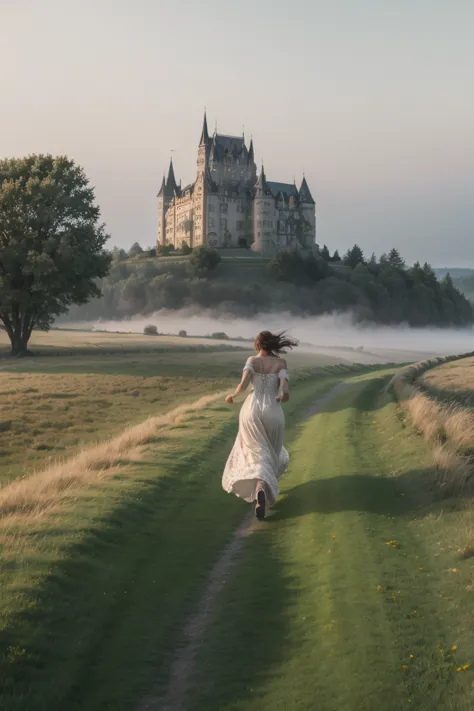 Woman running in a medieval big dress, running towards a castle in the distance, fog around the meadow