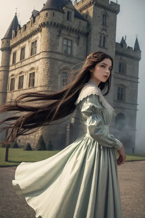 Lady in flowy renaissance dress, blowing in the wind in front of an old castle, fog and mist