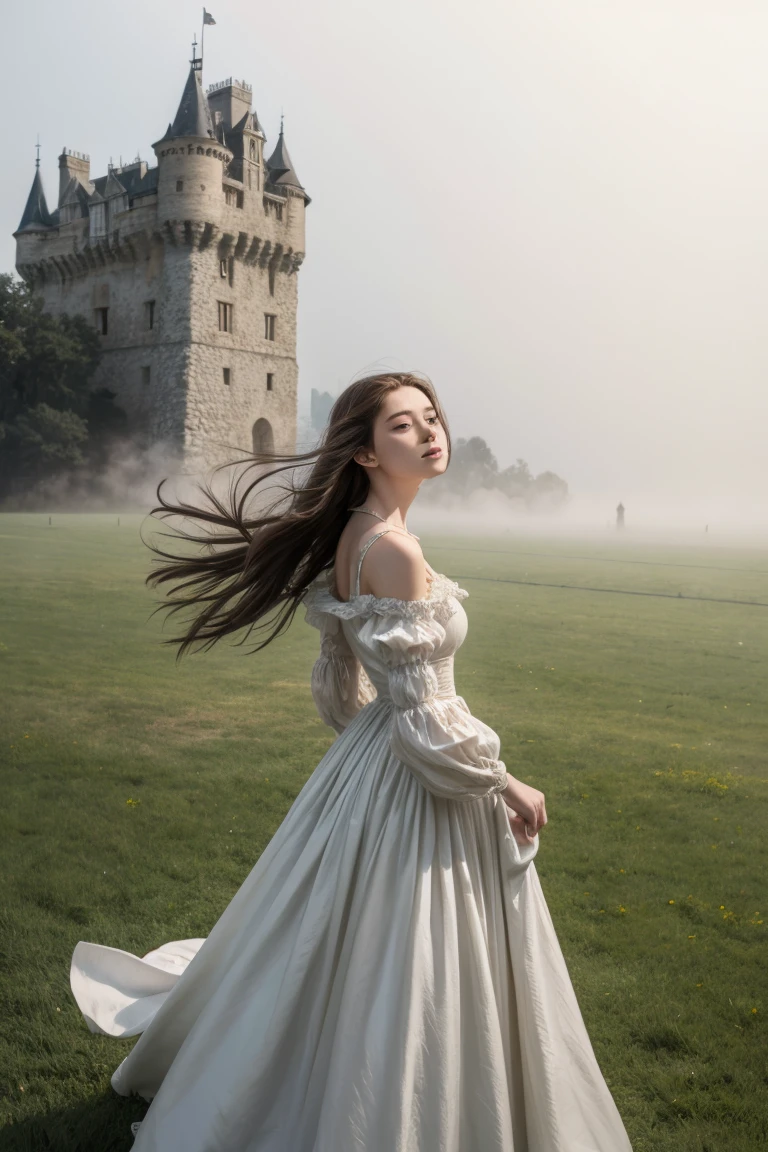 Lady in flowy renaissance dress, blowing in the wind in front of an old castle, fog and mist