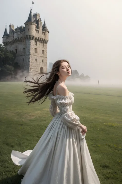 Lady in flowy renaissance dress, blowing in the wind in front of an old castle, fog and mist