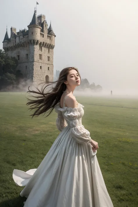 lady in flowy renaissance dress, blowing in the wind in front of an old castle, fog and mist