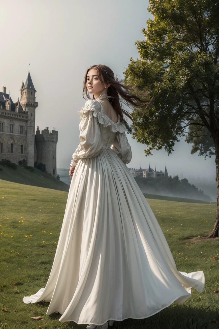 Lady in flowy renaissance dress, blowing in the wind in front of an old castle, fog and mist