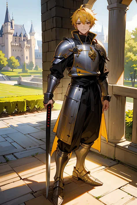 1male, adult, brown eyes,  yellow hair, multicolored hair, short hair, knight armor, castle, katana, standing on path, smile, su...