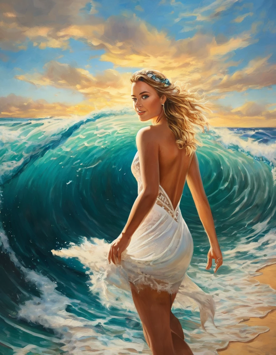 a portrait of a bride surfing the waves, on a sunny day in ocean, an exotic beautiful bride,   ((anatomically correct: 1.5)) ultra detailed face, dynamic hair color, dynamic hair style, dynamic skin complexion, (best detailed face: 1.5), busty wearing intricate, elegant bride's dress, glamour bride dress, barefoot, she is surfing an (surf board: 1.3) she surfs a massive wave, sunny day, sun rays, some clouds, wavy ocean background, vibrant, Ultra-high resolution, High Contrast, (masterpiece:1.5), highest quality, Best aesthetics), best details, best quality, highres, 16k, (ultra detailed: 1.5), masterpiece, best quality, (extremely detailed) RAW, (ultra details, Masterpiece, best quality), Dark Art Painting Style, princess dress