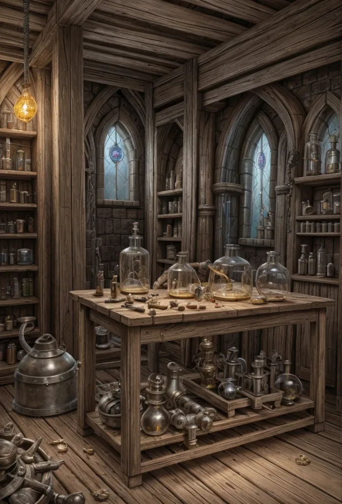 transmutation laboratory description:
a mystical and detailed space, full of jars, transmutation tables and alchemical tools. th...