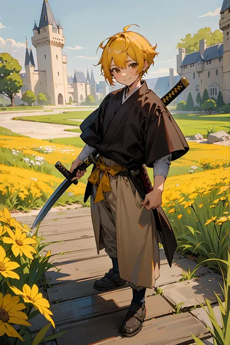 1male, kid, brown eyes, yellow hair, multicolored hair, short hair, castle, katana, standing on path, smile, sunny day, medieval...