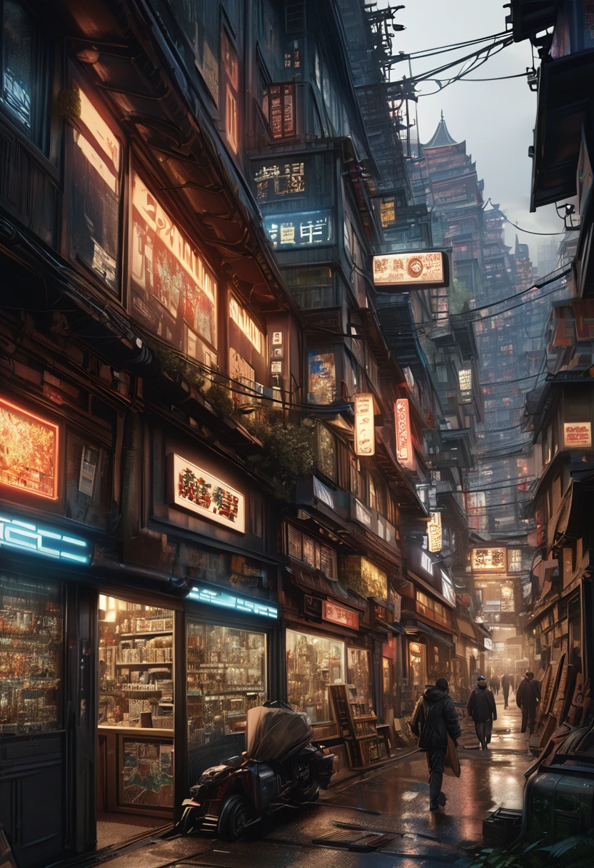 Cyberpunk city from sci-fi movie, empty street, night, chinoiserie buildings, old shop, irregular, circuit boards, wires, intricate, super detailed, realistic, hyper realistic, high quality, best, super detailed, crazy Detail, Very Detailed, Photorealistic, Epic Composition, Best Quality, 32k --v 6