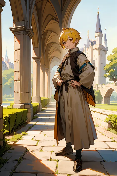 1male, kid, brown eyes, yellow hair, multicolored hair, short hair, castle, standing on path, smile, sunny day, medieval clothes