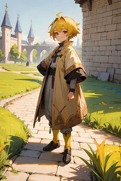 1male, kid, brown eyes, yellow hair, multicolored hair, short hair, castle, standing on path, smile, sunny day, medieval clothes