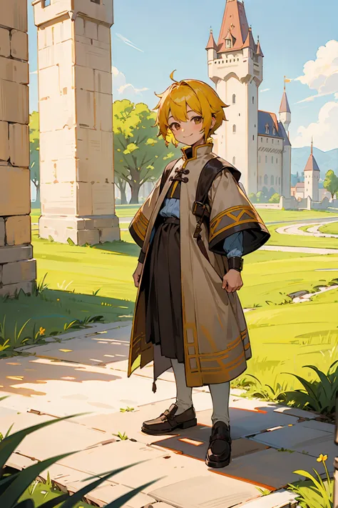 1male, kid, brown eyes, yellow hair, multicolored hair, short hair, castle, standing on path, smile, sunny day, medieval clothes