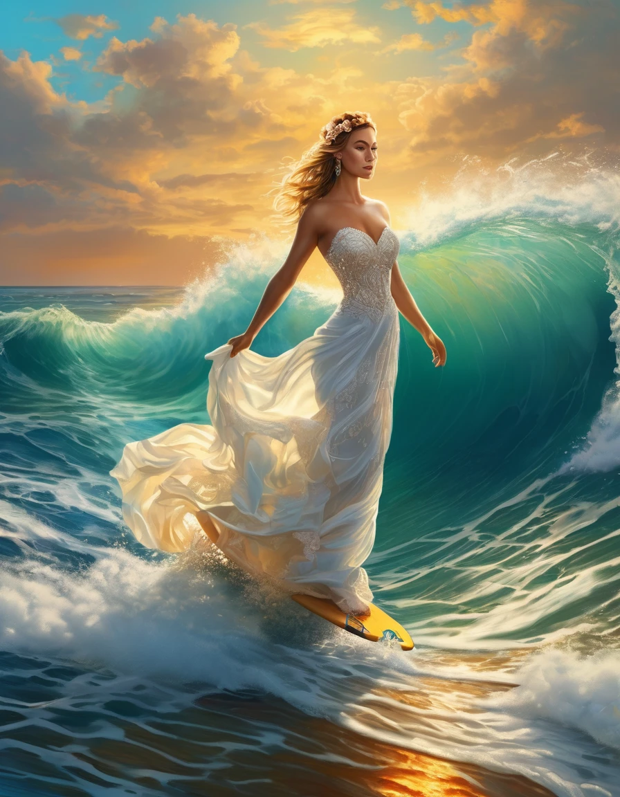 a portrait of a bride surfing the waves, on a sunny day in ocean, an exotic beautiful bride,   ((anatomically correct: 1.5)) ultra detailed face, dynamic hair color, dynamic hair style, dynamic skin complexion, (best detailed face: 1.5), busty wearing intricate, elegant bride's dress, glamour bride dress, barefoot, she is surfing an (surf board: 1.3) she surfs a massive wave, sunny day, sun rays, some clouds, wavy ocean background, vibrant, Ultra-high resolution, High Contrast, (masterpiece:1.5), highest quality, Best aesthetics), best details, best quality, highres, 16k, (ultra detailed: 1.5), masterpiece, best quality, (extremely detailed) RAW, (ultra details, Masterpiece, best quality), Dark Art Painting Style, princess dress