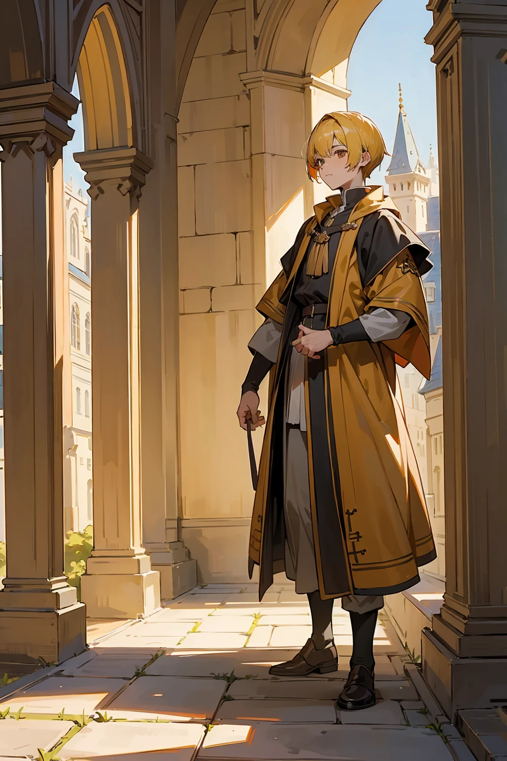 1male, Young Adult, Brown Eyes, Yellow Hair, Multicolored Hair, Short Hair, Castle, Standing on Path, Sunny Day, Medieval Clothes