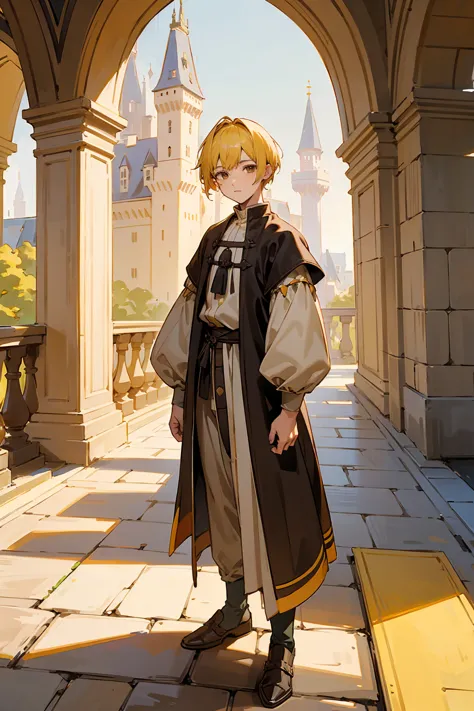 1male, young adult, brown eyes, yellow hair, multicolored hair, short hair, castle, standing on path, sunny day, medieval clothe...