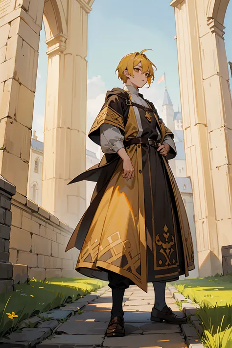 1male, young adult, brown eyes, yellow hair, multicolored hair, short hair, castle, standing on path, sunny day, medieval clothe...