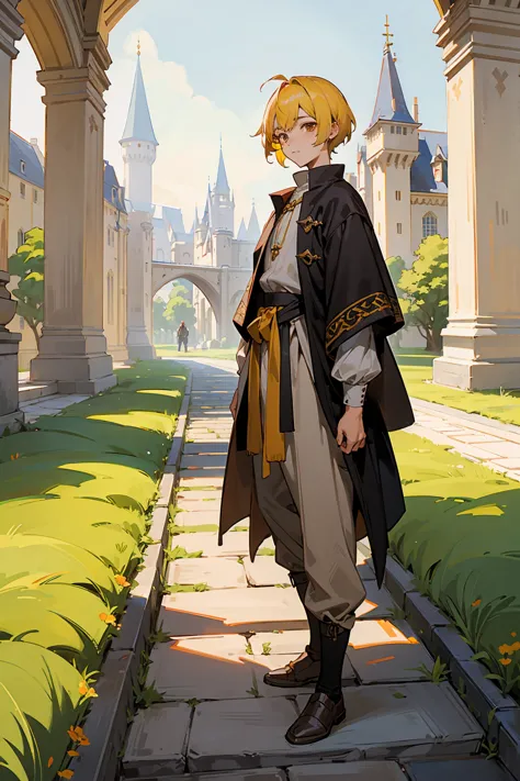 1male, young adult, brown eyes, yellow hair, multicolored hair, short hair, castle, standing on path, sunny day, medieval clothe...