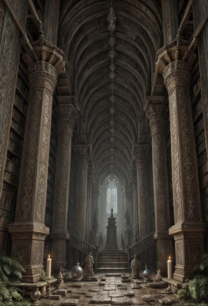 mystical library:

description: a vast and enigmatic library, with tall shelves full of old books, parchments and crystal globes...