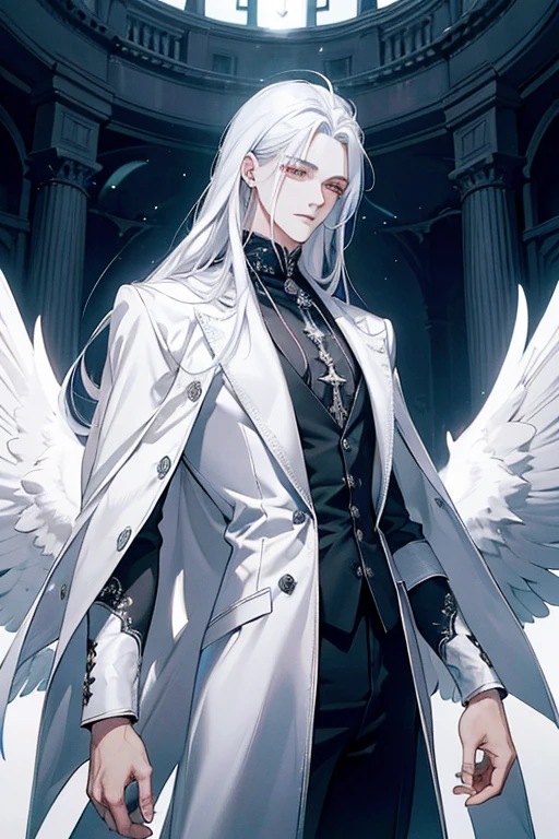 Zephariel, known in his male form as Daniel, He is a figure of imposing presence who embodies the duality of his celestial and demonic heritage.. with a height of 1.85 meters and an athletic build, Her silver hair and heterochromatic eyes—one blue and the other red—contrast with her extremely pale skin.. His wings, majestic and white on the outside, hide a dark skeletal representation inside, symbolizing its complex nature. Your clothing, always practical and elegant, hides his identity while reflecting his ethereal origin. Daniel emanates an enigmatic and captivating aura, combining strength and agility with almost unreal beauty, leaving a lasting impression on all who know him.