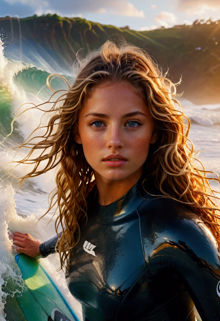 1girl, Surfing, a surfer riding a huge wave, ocean waves crashing, beautiful detailed eyes, beautiful detailed lips, extremely detailed face and skin, long hair blowing in the wind, muscular fit body, ocean spray, golden hour lighting, vibrant colors, cinematic composition, 8k, highres, masterpiece, best quality, very aesthetic, absurdres