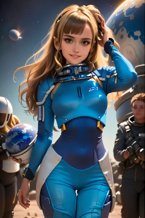 arafed woman in a blue bodysuit standing in front of a planet, beautiful woman in spacesuit, girl in space, wears tiny spacesuit...