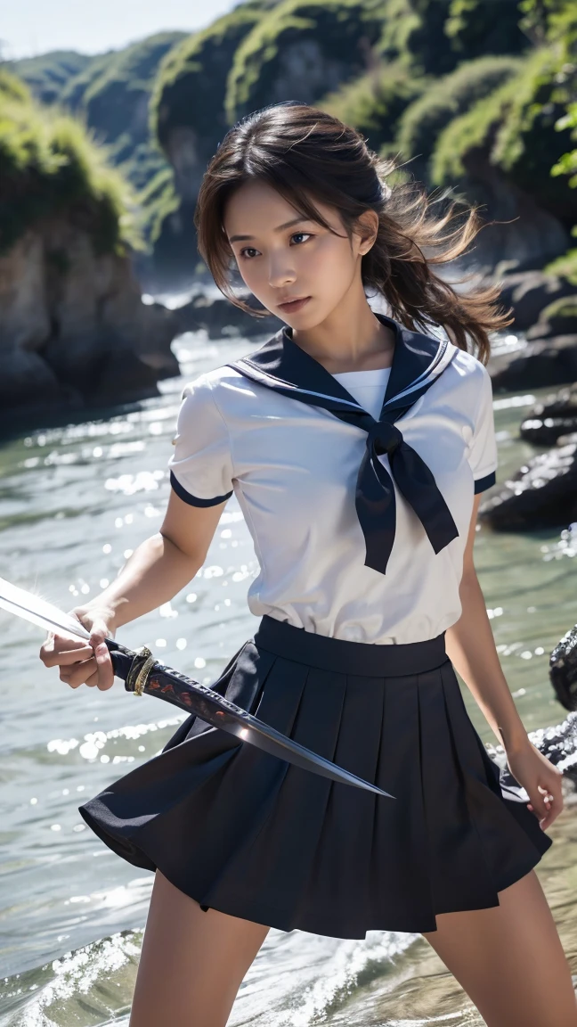 (Ultra HD, Highest quality, High resolution, Surreal, so beautiful), 24000dpi, (Holding the Japan sword, Bidirectional, Electric shock), Charge Move, Special Move Stance, All-in-one, dance, Beautiful woman, Long Tail, Well-formed eyes, greatest visual acuity, 18-year-old, Fascinating, Totally American, Perfect body, Physical Beauty, (Sailor suit, mini skirt),whole body