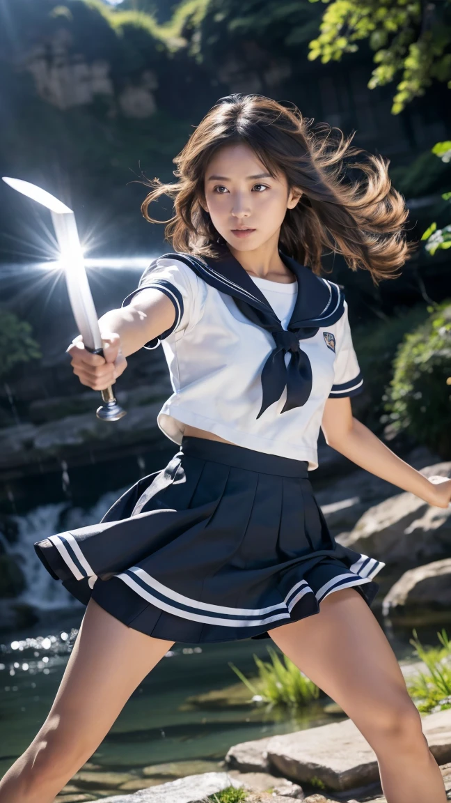 (Ultra HD, Highest quality, High resolution, Surreal, so beautiful), 24000dpi, (Holding the Japan sword, Bidirectional, Electric shock), Charge Move, Special Move Stance, All-in-one, dance, Beautiful woman, Long Tail, Well-formed eyes, greatest visual acuity, 18-year-old, Fascinating, Totally American, Perfect body, Physical Beauty, (Sailor suit, mini skirt),whole body