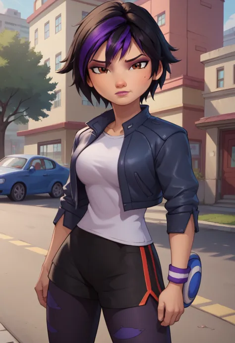 score_9, score_8_up, score_7_up, break,gogotomago, 1girl, solo, short hair, black hair, jewelry, lo purple hair, bracelet, makeu...