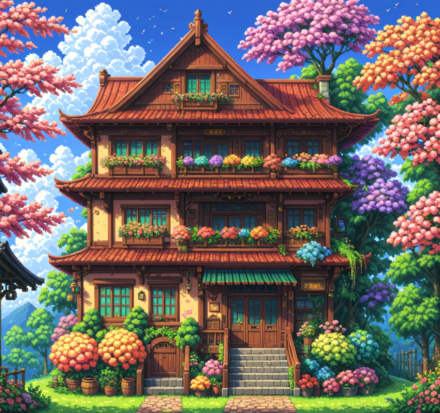 beautiful colorfully house, pixel art. ghibli style, cute anime, colorfully, flowers, nostalgic, exuberant, pixel art, minimalist drawing style