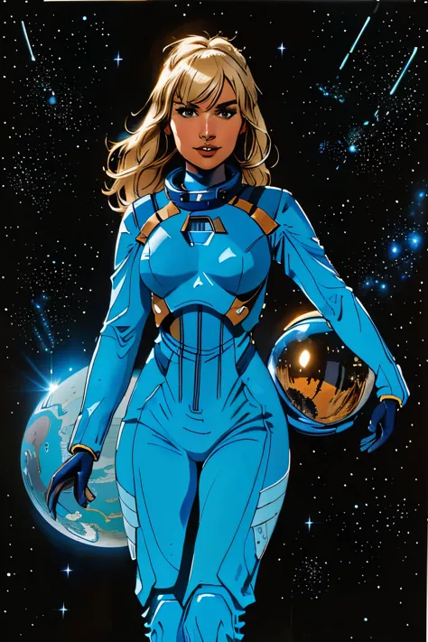 arafed woman in a blue bodysuit standing in front of a planet, beautiful woman in spacesuit, girl in space, wears tiny spacesuit...