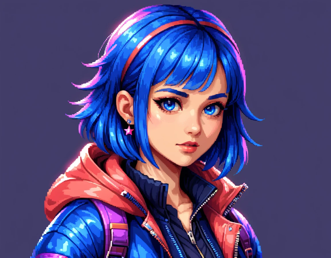 A stylish girl in pixel art form, with a penetrating gaze and expressive eyes. She has sleek, modern hair, possibly in an edgy cut or vibrant color like electric blue or deep purple, with an accessory like a hairclip or hat. She's wearing fashionable clothes in bold colors, such as a trendy jacket over a chic top and stylish pants or a skirt, with details like zippers or patterns. She might be holding a cool accessory, like a small bag or a gadget, reflecting her stylish personality. The background should be simple and clean, with elements that refer to the Pixel Art universe, such as small pixel stars or geometric shapes, to avoid distracting from the main character. The size should be suitable for a profile icon (ideally square), with good resolution to maintain clarity at different display sizes. sexy, perfil, decote