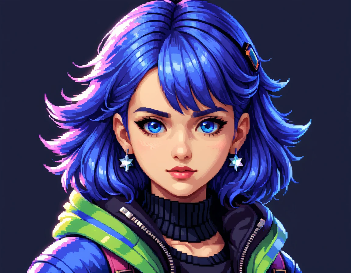 A stylish girl in pixel art form, with a penetrating gaze and expressive eyes. She has sleek, modern hair, possibly in an edgy cut or vibrant color like electric blue or deep purple, with an accessory like a hairclip or hat. She's wearing fashionable clothes in bold colors, such as a trendy jacket over a chic top and stylish pants or a skirt, with details like zippers or patterns. She might be holding a cool accessory, like a small bag or a gadget, reflecting her stylish personality. The background should be simple and clean, with elements that refer to the Pixel Art universe, such as small pixel stars or geometric shapes, to avoid distracting from the main character. The size should be suitable for a profile icon (ideally square), with good resolution to maintain clarity at different display sizes. sexy, perfil, decote