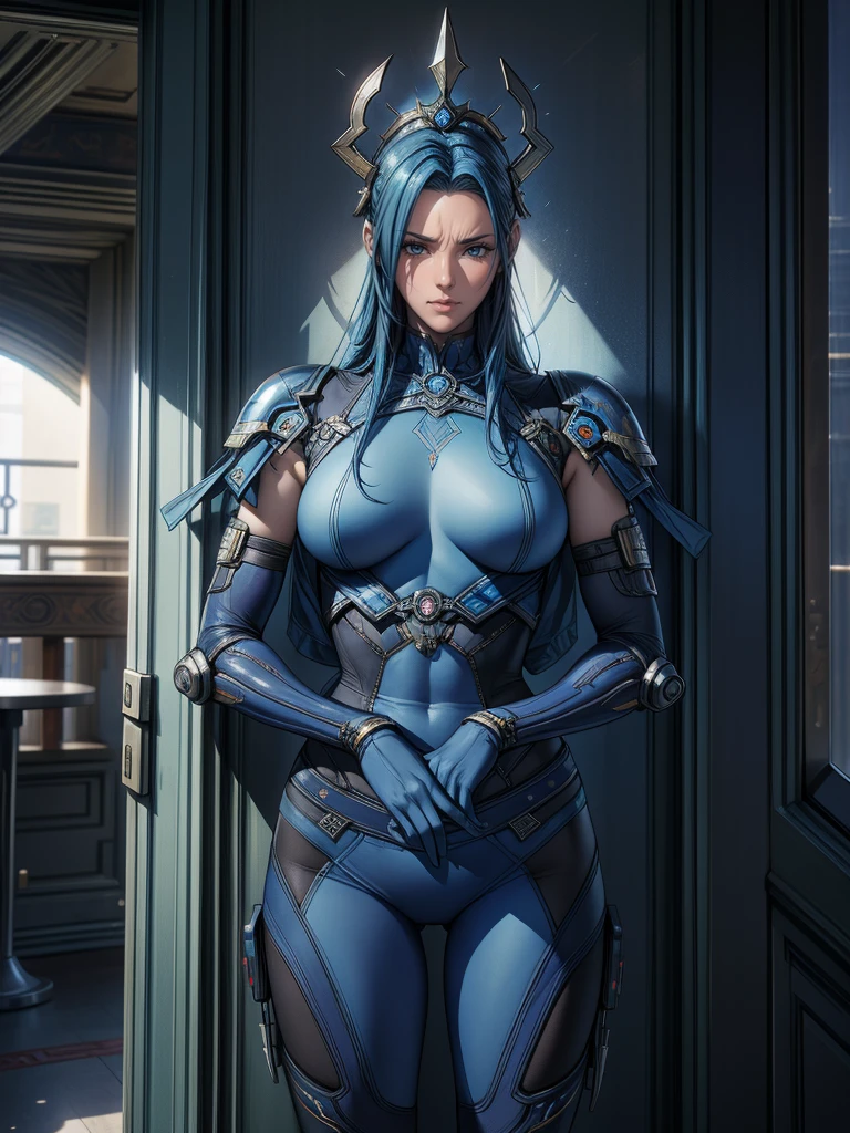 Two women in costumes are standing in a room, Ace Female Mechanic, Static Prometheus Frame, Blue body paint, Cyberpunk decorations, Aztec Empress, Movie details, security guard, Balcony scene, Solarpunk, By Leon Wichowkowski, Sisters, japanese cgi, Empress of Kazakhstan, Character close-up  