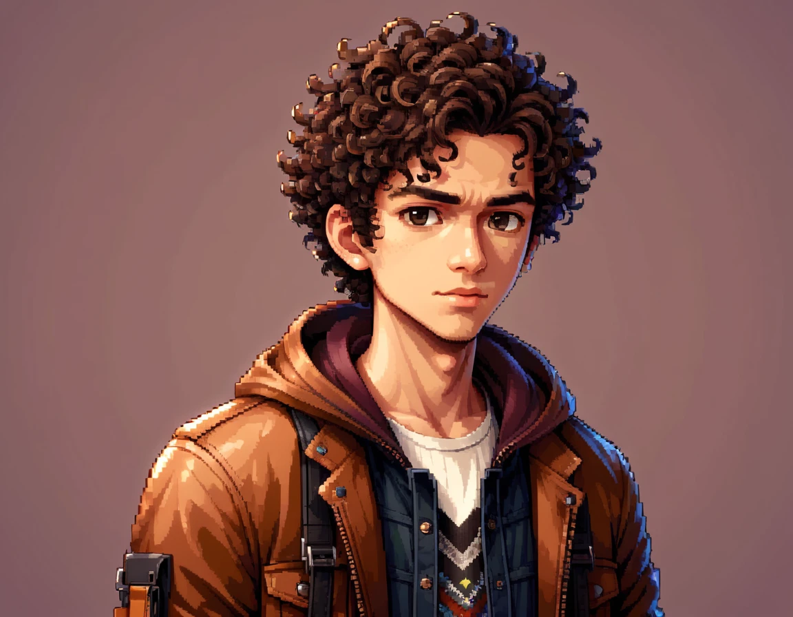 A stylish boy in pixel art form, with a penetrating gaze and expressive eyes. He has sleek, modern, curly hair in a stylish cut, and his skin tone is brown. He's wearing fashionable clothes in neutral colors, such as a trendy jacket over a chic top and stylish pants, with details like zippers or patterns. He might be holding a cool accessory, like a small bag or a gadget, reflecting his stylish personality. The background should be simple and clean, with elements that refer to the Pixel Art universe, such as small pixel stars or geometric shapes, to avoid distracting from the main character. The size should be suitable for a profile icon (ideally square), with good resolution to maintain clarity at different display sizes.