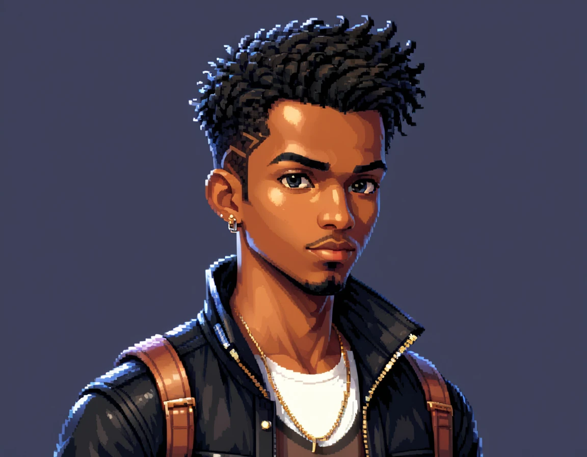 A stylish black boy in pixel art form, with a penetrating gaze and expressive eyes. He has sleek, modern hair styled in a fade. He's wearing fashionable clothes in neutral colors, such as a trendy jacket over a chic top and stylish pants, with details like zippers or patterns. He might be holding a cool accessory, like a small bag or a gadget, reflecting his stylish personality. The background should be simple and clean, with elements that refer to the Pixel Art universe, such as small pixel stars or geometric shapes, to avoid distracting from the main character. The size should be suitable for a profile icon (ideally square), with good resolution to maintain clarity at different display sizes. focus face