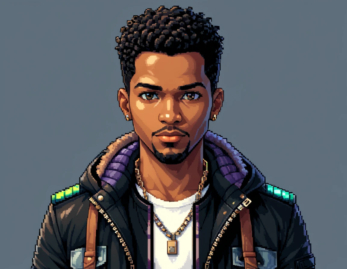 A stylish black man in pixel art form, with a penetrating gaze and expressive eyes. He has sleek, modern hair styled in a fade. He's wearing fashionable clothes in neutral colors, such as a trendy jacket over a chic top and stylish pants, with details like zippers or patterns. He might be holding a cool accessory, like a small bag or a gadget, reflecting his stylish personality. The background should be simple and clean, with elements that refer to the Pixel Art universe, such as small pixel stars or geometric shapes, to avoid distracting from the main character. The size should be suitable for a profile icon (ideally square), with good resolution to maintain clarity at different display sizes.