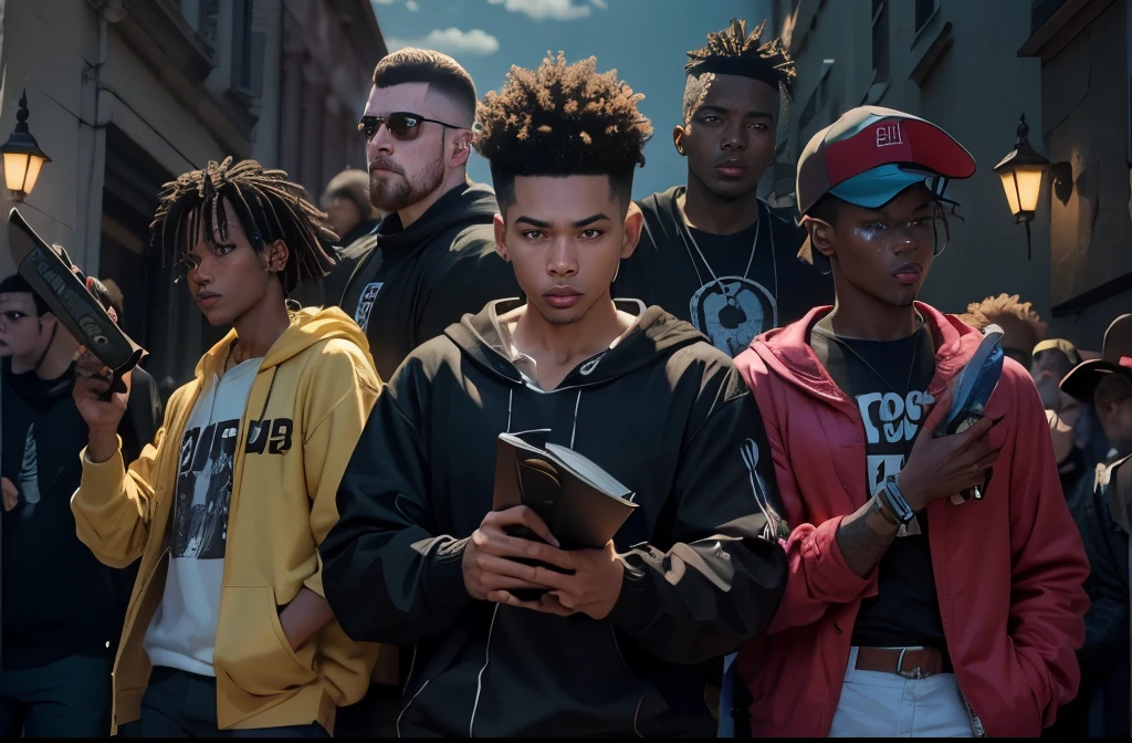 90s anime style black guy holding a bible in front of his gang, anime style black guy holding a bible in front of his gang, black guy holding a bible in front of his gang, black guy holding a bible with flash paint on it, he is wearing a black hoodie, he is holding bible