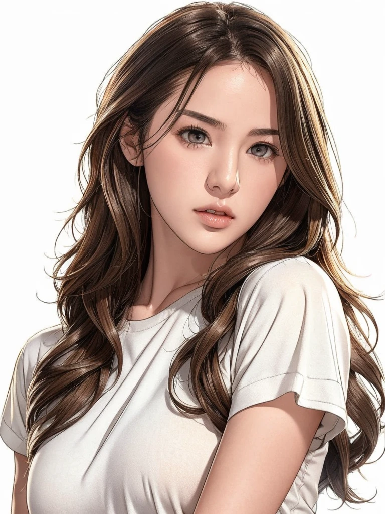 Asian, beautiful, thin, cute, 30th Generation, beautiful Face, beautiful Skin, actress, mature, Upper Body, Light brown hair, thin髪, Live Action, masterpiece, Highest quality, Highly detailed CG Unity 8K wallpaper, Ultra-high resolution, Casual Fashion, Lighting, Summer Fashion, (Natural brown hair: 0.8), (Puffy eyes), Watch the audience, turn around, Bleached Hair, Model pose, White Background, Delicate skin types, Light curly hair, Put your hands around your mouth, White T-shirt, Hair model photo