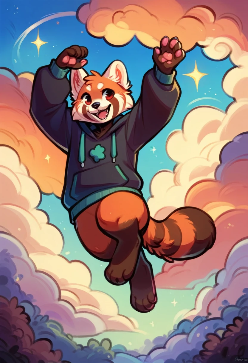 (ultra-detailliert, masutepiece, Ultra HD, Best Quality: 1.3), Red Panda wearing a hoodie pumps its left paw in the air