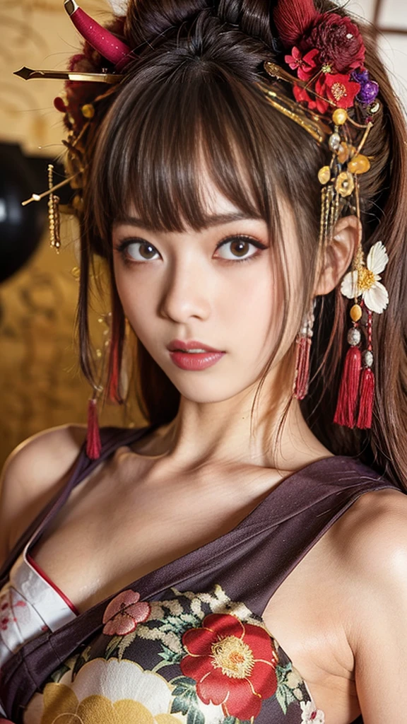 (One Girl), Very cute face, Great face and eyes, (Highly detailed eyes, Highly detailed face), Fresh, Very beautiful appearance, (超Realistic, High resolution), (Highest quality:1.4), RAW Photos, (Realistic, Photorealistic:1.37), Professional photography, (Floral Yukata:1.5), (Open yukata), (Cleavage:1.2), (Exposing shoulders), Laugh a little, (look at me), Bedroom, Portrait of a Girl,