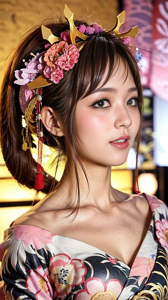 (One Girl), Very cute face, Great face and eyes, (Highly detailed eyes, Highly detailed face), Fresh, Very beautiful appearance, (超Realistic, High resolution), (Highest quality:1.4), RAW Photos, (Realistic, Photorealistic:1.37), Professional photography, (Floral Yukata:1.5), (Open yukata), (Cleavage:1.2), (Exposing shoulders), Laugh a little, (look at me), Bedroom, Portrait of a Girl,