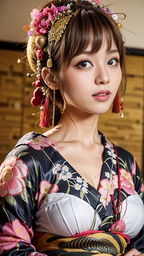 (One Girl), Very cute face, Great face and eyes, (Highly detailed eyes, Highly detailed face), Fresh, Very beautiful appearance, (超Realistic, High resolution), (Highest quality:1.4), RAW Photos, (Realistic, Photorealistic:1.37), Professional photography, (Floral Yukata:1.5), (Open yukata), (Cleavage:1.2), (Exposing shoulders), Laugh a little, (look at me), Bedroom, Portrait of a Girl,