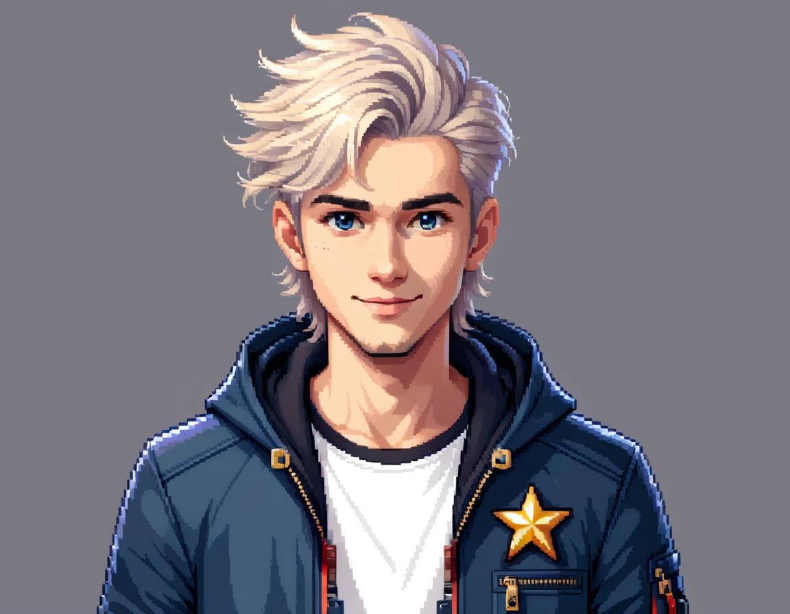 A stylish white boy in pixel art form, with a confident and friendly smile that exudes trustworthiness. He has sleek, modern light-colored hair styled in a trendy cut and expressive light-colored eyes. He’s wearing fashionable clothes in neutral colors, such as a stylish jacket over a chic top and trendy pants, with details like zippers or patterns. He might be holding a cool accessory, like a small bag or a gadget, reflecting his confident and approachable personality. The background should be simple and clean, with elements that refer to the Pixel Art universe, such as small pixel stars or geometric shapes, to avoid distracting from the main character. The size should be suitable for a profile icon (ideally square), with good resolution to maintain clarity at different display sizes.