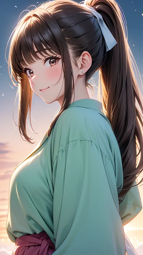 (Close-up of a woman)、Depiction of the upper body、30-year-old woman、smile、((ponytail、Brown Hair))、blush、(Please open your mouth ...