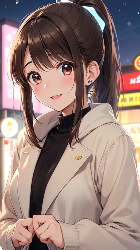 (Close-up of a woman)、Depiction of the upper body、30-year-old woman、smile、((ponytail、Brown Hair))、blush、(Please open your mouth ...