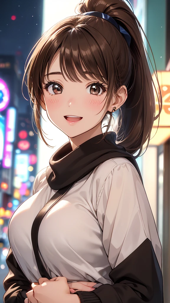 (Close-up of a woman)、Depiction of the upper body、30-year-old woman、smile、((ponytail、Brown Hair))、blush、(Please open your mouth a little、High resolution、16K))、Cute Winter Clothes、((Late night love hotel district、neon))