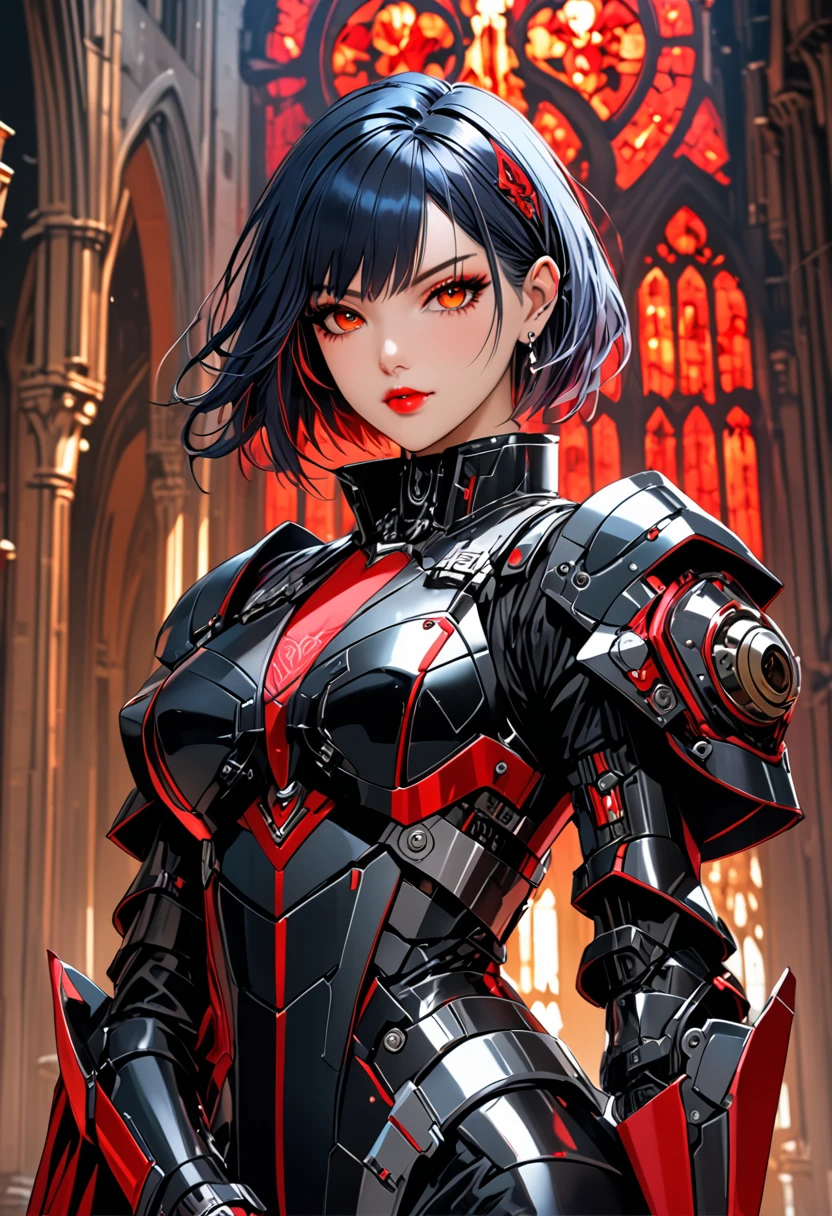 ein Porträt einer Mecha-Vampirin in einer düsteren gotischen Cyberpunk-Kirche, eine exotische, exquisite, schöne Mecha-Vampirin, dynamische Haarfarbe, Kurzes Haar, dynamische Augenfarbe, intensive Augen,  glühende Augen, dynamische Augenfarbe, trägt komplizierte Mech-Rüstung, zarte Mech-Rüstung, zarte Blutadern in der Rüstung, das Tragen von Overknee-Stiefeln, dunkler gotischer Cyberpunk-Kirchenhintergrund, beschwingt, ultrahohe Auflösung, Hoher Kontrast, (Meisterwerk:1.5), höchste Qualität, Beste Ästhetik), beste Details, beste Qualität, highres, 16k, (Extrem detailliert: 1.5), Meisterwerk, beste Qualität, (Extrem detailliert) roh, (ultra details, Meisterwerk, beste Qualität), Malstil der dunklen Kunst, nijiMecha