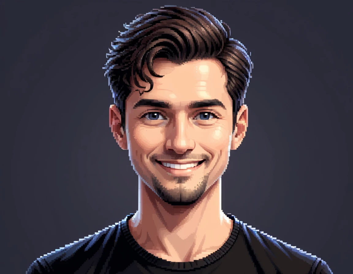 A pixel art portrait of a stylish white man with a confident and friendly smile that exudes trustworthiness. He has sleek, modern hair with a black gradient, transitioning from deep black at the roots to a lighter shade at the tips. His light-colored eyes are expressive and engaging. The focus is on his face, with clear, defined features and a warm, approachable expression. The background should be simple and clean, perhaps a soft, neutral color or subtle pixel art elements like small stars or shapes, to keep the attention on the character's face. The image should be well-suited for a profile icon (ideally square), maintaining clarity and detail at different display sizes.