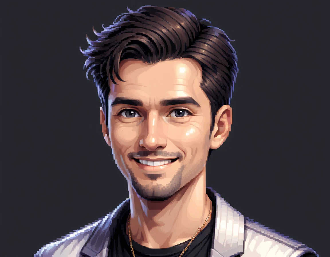 A pixel art portrait of a stylish white man with a confident and friendly smile that exudes trustworthiness. He has sleek, modern hair with a black gradient, transitioning from deep black at the roots to a lighter shade at the tips. His light-colored eyes are expressive and engaging. The focus is on his face, with clear, defined features and a warm, approachable expression. The background should be simple and clean, perhaps a soft, neutral color or subtle pixel art elements like small stars or shapes, to keep the attention on the character's face. The image should be well-suited for a profile icon (ideally square), maintaining clarity and detail at different display sizes.