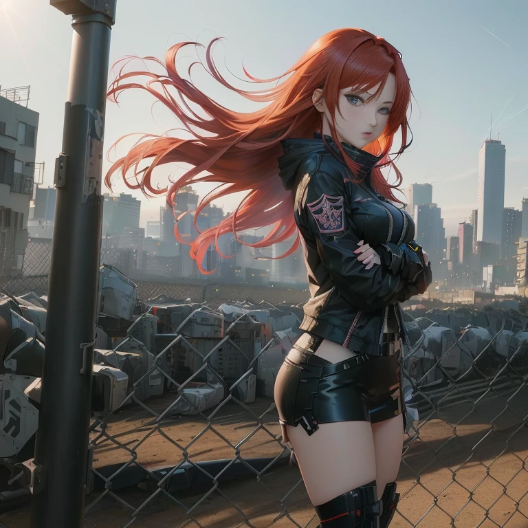 anime girl with red hair standing in front of a fence, badass anime 8 k, anime style 4 k, 4k anime wallpaper, anime concept hdr anime macmanus, city in the background, female action anime girl, anime wallpaper 4 k, anime art wallpaper 4 k, anime wallpaper 4k, anime art wallpaper 4k, anime art wallpaper 8 k