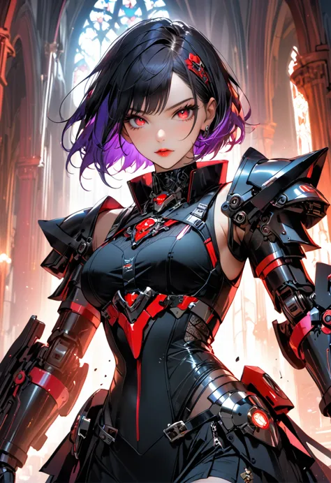 a portrait of mecha female vampire in a dark gothic cyberpunk church, an exotic exquisite beautiful mecha female vampire, dynami...